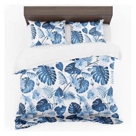 Modro biele posteľné obliečky so vzorom palmových listov