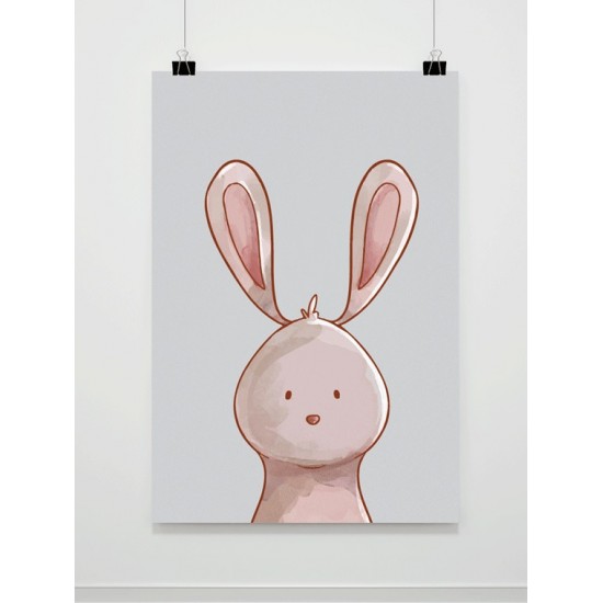 Sivý maľovaný detský plagát s motívom zajačika