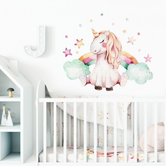 Detská nálepka na stenu s motívom jednorožca a dúhy