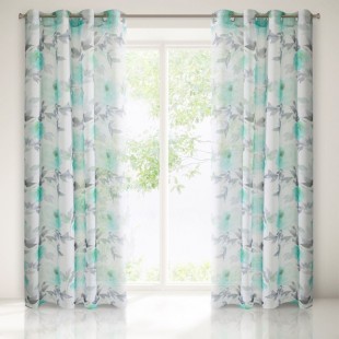 Biely záves s motívom tyrkysových kvetov a sivým lístkov