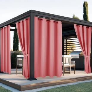 Nepremokavý záhradný záves so zavesením na kruhy na terasu so stuhou v ružovej farbe