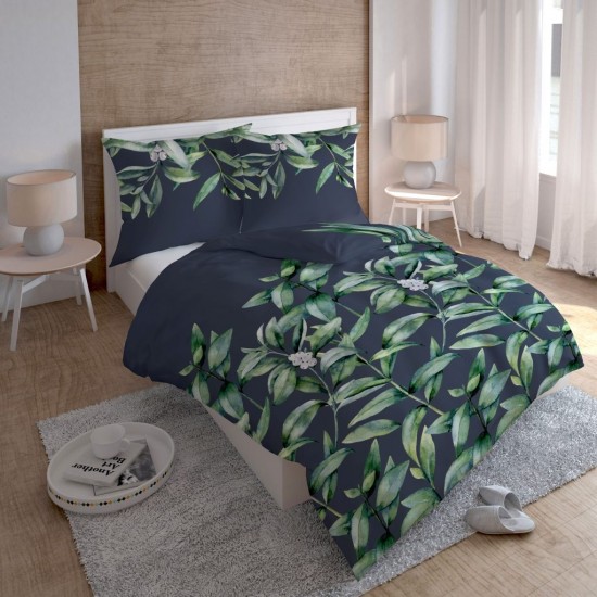 Bavlnené sivé posteľné obliečky so zelenými listami