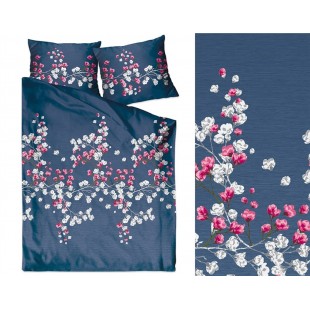 Tmavomodrá posteľná obliečka z bavlneného saténu s motívom kvetov