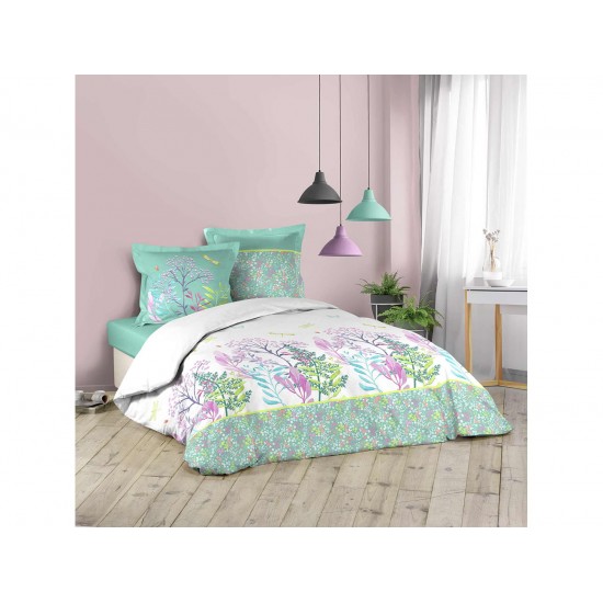 Mentolovo-biela bavlnená posteľná obliečka s rastlinným motívom