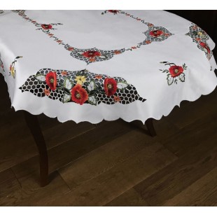 Biely dekoračný obrus s červenými kvetmi