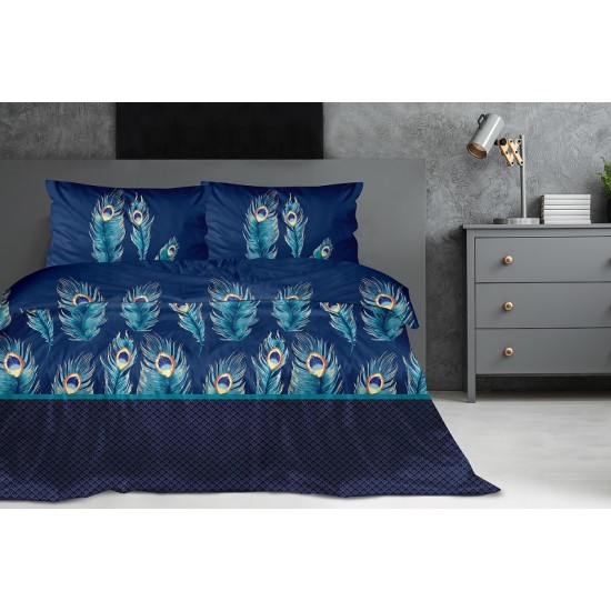Exkluzívna modrá posteľná obliečka z bavlneného saténu s motívom pávich pierok