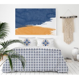 Exkluzívna biela posteľná obliečka z bavlneného saténu s modro-medovým vzorom