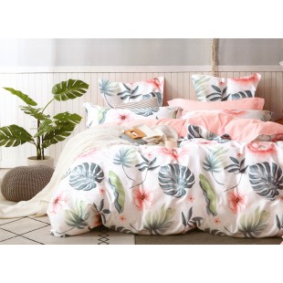 Bielo-ružová posteľná obliečka zo saténovej bavlny s rastlinným motívom