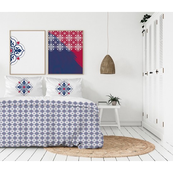 Exkluzívna biela posteľná obliečka z bavlneného saténu s modro-červeným vzorom