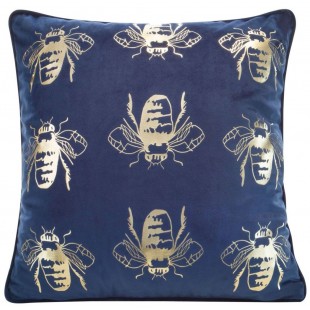 Tmavomodrá zamatová obliečka na vankúš so zlatými včielkami