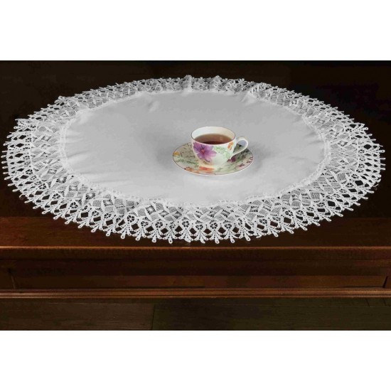 Obrus kruhový v bielej farbe s ozdobným okrajom