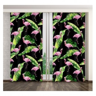 3D dlhý záves čiernej farby s plameniakmi a palmovými listami