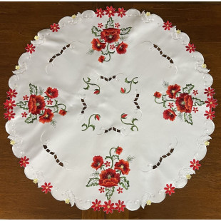 Dekoračný obrus kruhový biely s červenými kvetmi