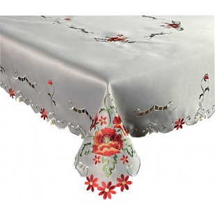 Obrus s červenými kvetmi v sivej farbe