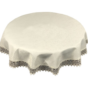 Obrus kruhový krémový s lístočkami a čipkovaným lemom