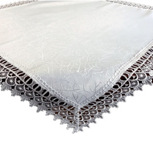 Dekoračný obrus biely s lístočkami a čipkovaným lemom