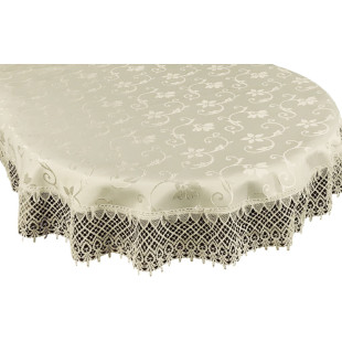 Svetlo krémový oválny dekoračný obrus s ozdobným lemom