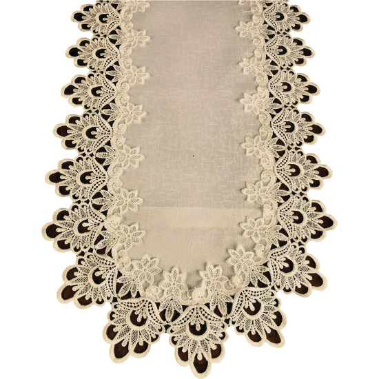 Béžový oválny dekoračný behúň na stôl s čipkou