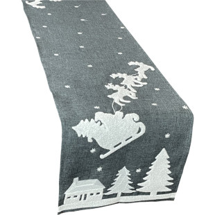 Obdĺžnikový vianočný behúň zdobený výšivkou Mikuláša a sobov v sivej farbe