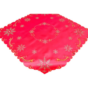 Vianočný štvorcový obrus s výšivkou snehových vločiek v červenej farbe
