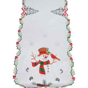 Vianočný behúň s výšivkou snehuliakov v bielej farbe