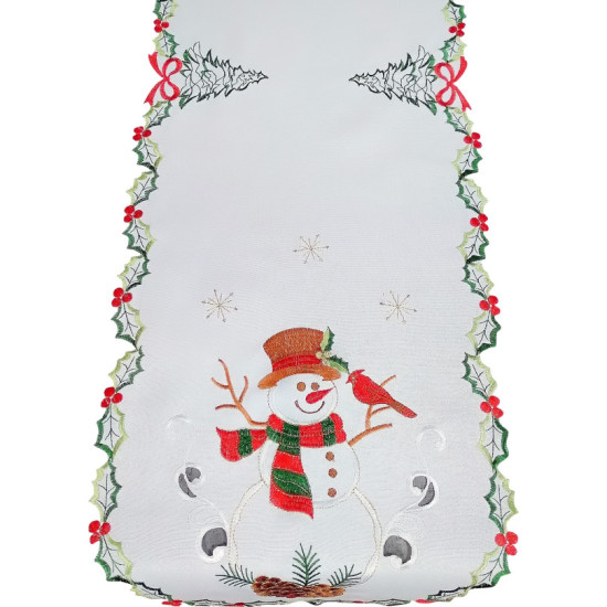 Vianočný behúň s výšivkou snehuliakov v bielej farbe