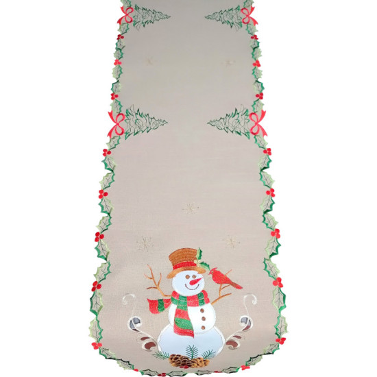 Vianočný behúň s výšivkou snehuliakov v béžovej farbe