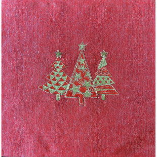 Štvorcový vianočný obrúsok vyšívaný zlatými vianočnými stromčekmi v červenej farbe