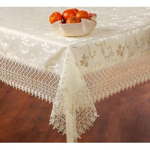 Obrus krémový s kvetinami a čipkou