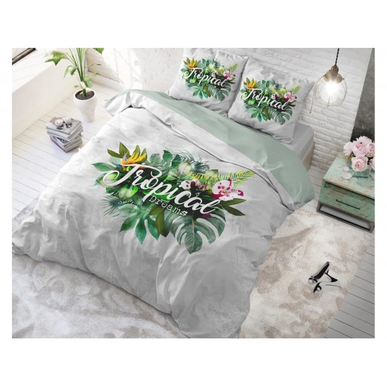 Bavlnené posteľné obliečky sivo zelenej farby s tropickým motívom