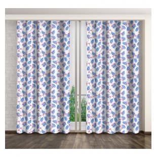 Moderný biely dlhý záves s motívom plameniakov a modrých palmových listov