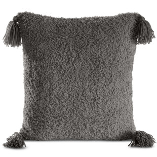 Obliečka na vankúš s kožušinovou štruktúrou a ozdobnými strapcami v sivej farbe
