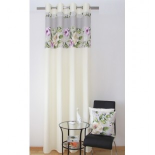 Vintage krémový záves so sivým pásom a zeleným kvetinovým vzorom