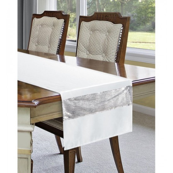 Biely elegantný behúň na stôl so striebornou aplikáciou flitrov