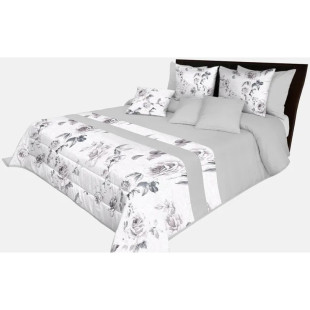 Sivý prešívaný prehoz na posteľ s potlačou šedých a béžových kvetov