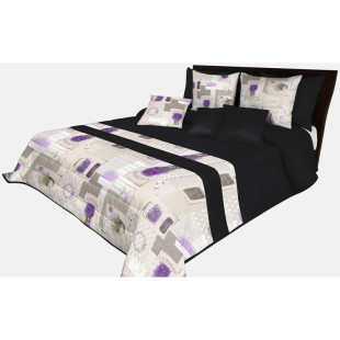 Čierny elegantný dekoračný prehoz na posteľ s prešívaním a levanduľovým motívom