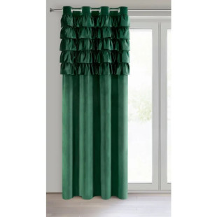 Zelený zamatový záves s volánikmi v hornej časti