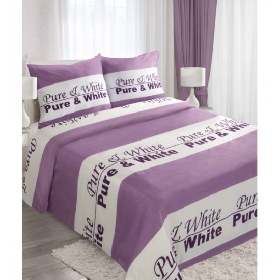 Fialovo biele posteľné obliečky s nápisom WHITE & PURE