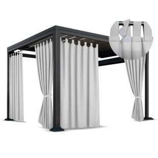 Nepremokavý terasový záves so zavesením na pásky v sivej farbe so stuhou na uviazanie