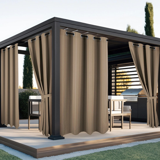 Nepremokavý záhradný záves so zavesením na kruhy do altánku/na terasu so stuhou v tmavo béžovej farbe