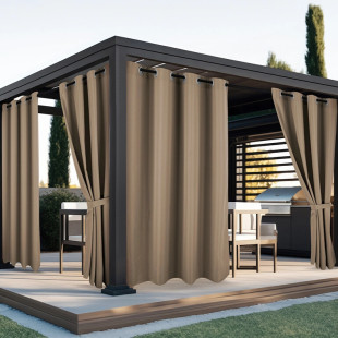 Nepremokavý záhradný záves so zavesením na kruhy do altánku/na terasu so stuhou v tmavo béžovej farbe